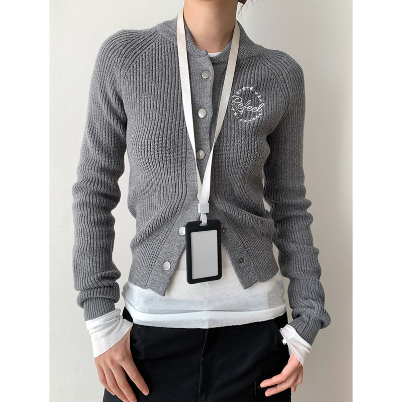 Dorothy South Korea College Style Collar Letter Embroidered Knitted Cardigan Women's Slim-Fit Slimming Short Long-Sleeved Sweater
