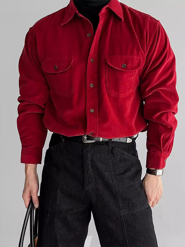 Men's Burgundy Corduroy Long-Sleeve Shirt with a Flap Pocket, Festive Engagement Retro Mature Style Shirt