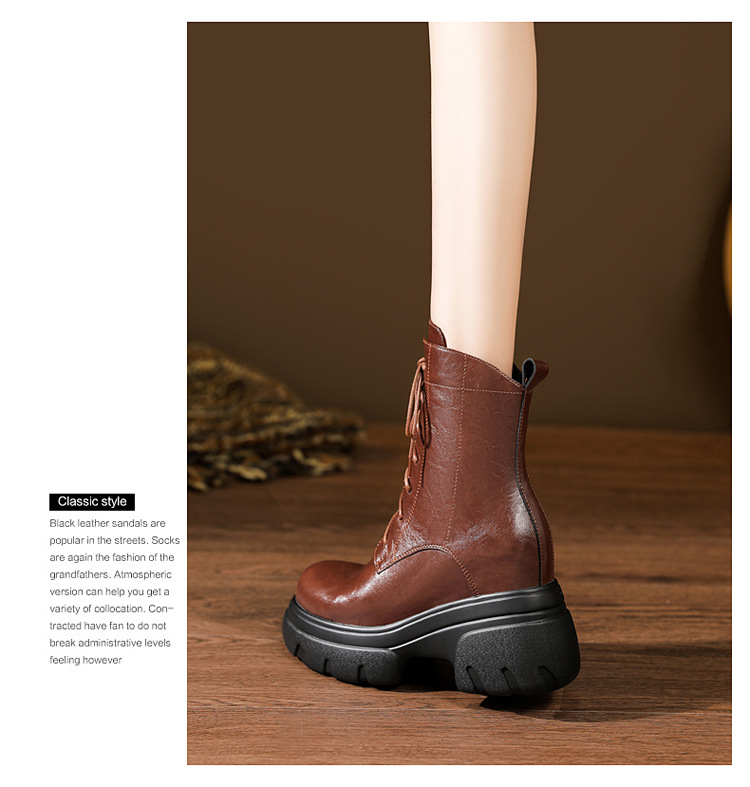 Boot Martin nữ đế xuồng da thật mũi tròn gót cao 6 cm dây buộc — nhung đen, Nhung nâu, Lớp lót đơn màu đen, Lớp lót đơn màu nâu chi tiết 21