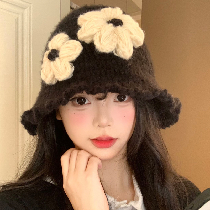 花朵针织渔夫帽女秋冬季韩版显脸小黑色水桶帽大头围保暖毛线帽子|undefined