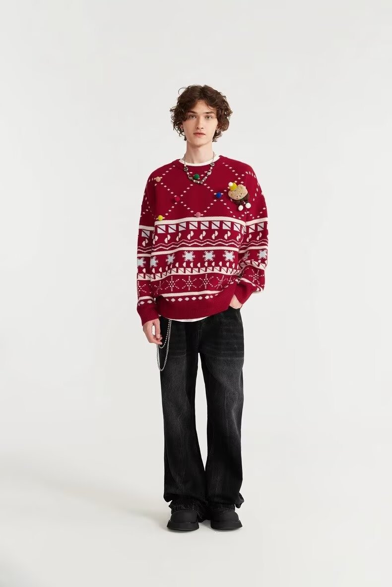Men's Sweater Knitted Pullover Round Neck Autumn Winter Red Tops_voghion.com
