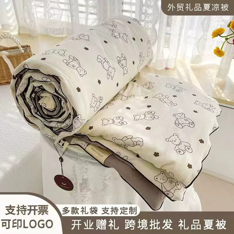 Летнее одеяло класса А из стираного хлопка с мультяшным принтом, двухслойная марля, одеяло с наполнителем из соевого волокна для кондиционированных помещений, подарочное летнее одеяло, оптовая продажа для внешней торговли.