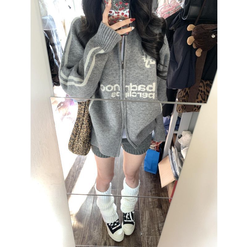!棒球风翻领拉链毛衣开衫女外套秋季新款韩版宽松针织衫