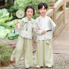 春秋女童小清新古装汉服套装2025国潮浅绿改良男童长袖唐装表演服