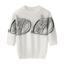 现货2025秋新款简约短袖钉珠刺绣针织衫上衣2J3E305