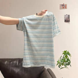 圆领独特漂亮撞色条纹正肩短袖T恤女2025年时尚减龄宽松显瘦上衣