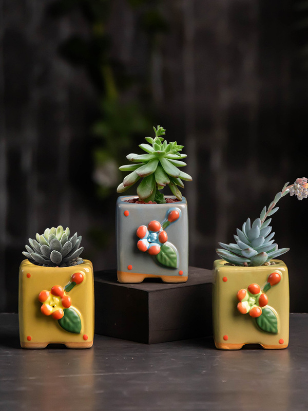 Hand-painted succulent ice crack ceramic plant flower pot personality square round mouth stoneware breathable basin indoor desktop decoration Hand-painted succulent ice crack ceramic plant flower pot personality square round mouth stoneware breathable basin indoor desktop decoration