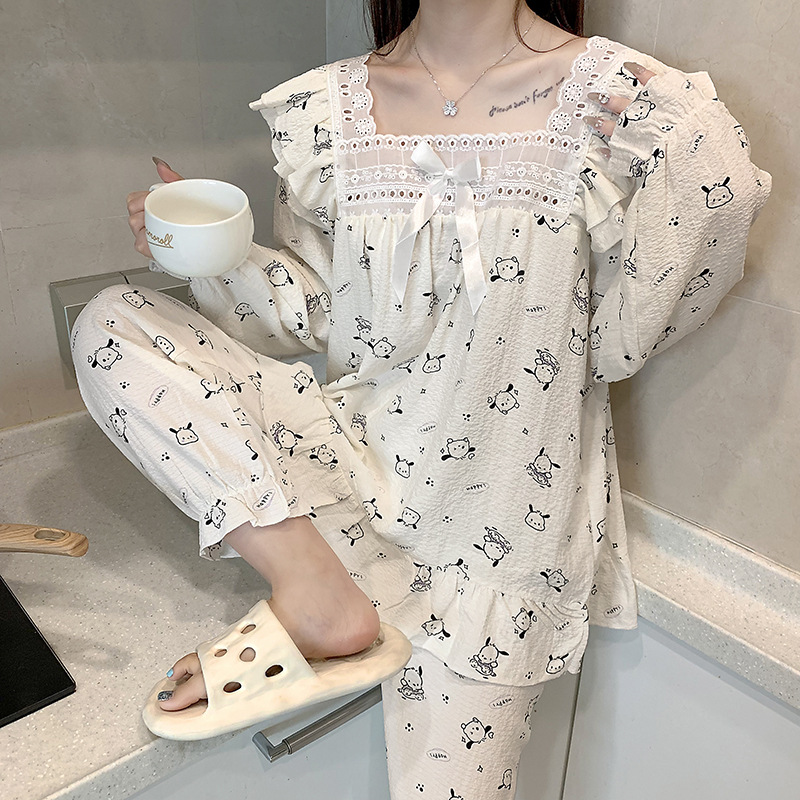 Estilo coreano Chanel estilo pijamas de las mujeres tejido crepe encaje algodón manga larga Otoño e Invierno dulce desgaste del hogar traje