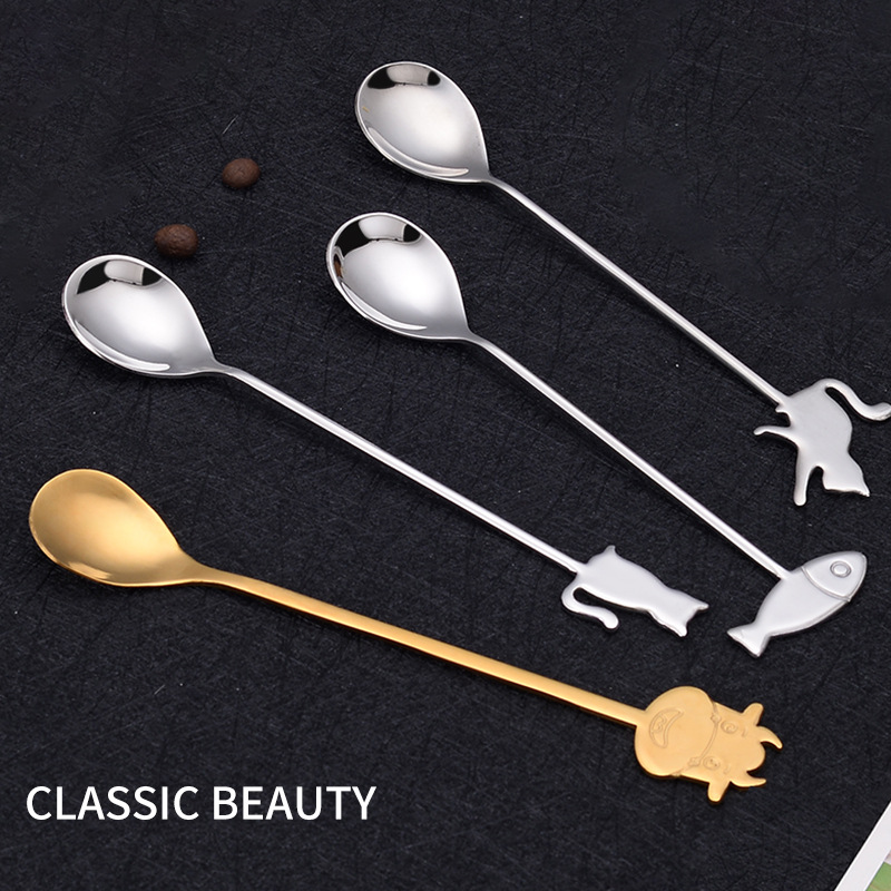 厂家批发不锈钢甜品勺水果叉小巧可爱卡通创意猫鱼咖啡搅拌勺