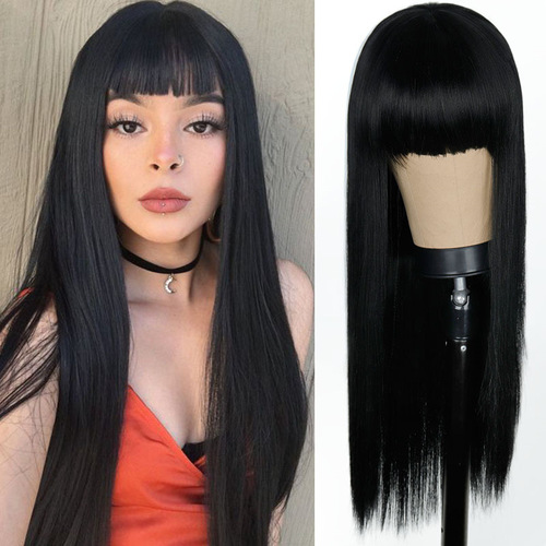 Overseas European and American wig female air bangs long straight hair rose mesh matte silk chemical fiber wig headgear wholesale