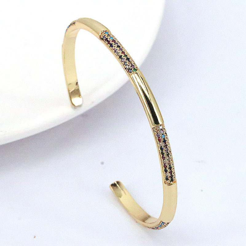 Simple Style Copper Gold Plated Micro Inlaid Colorful Zircon Open Bracelet display picture 7