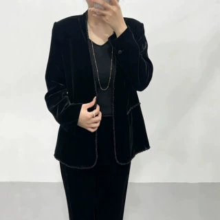 26秋冬爆款新中式真丝绒西装外套重工手工钉珠链提花里布气质上衣