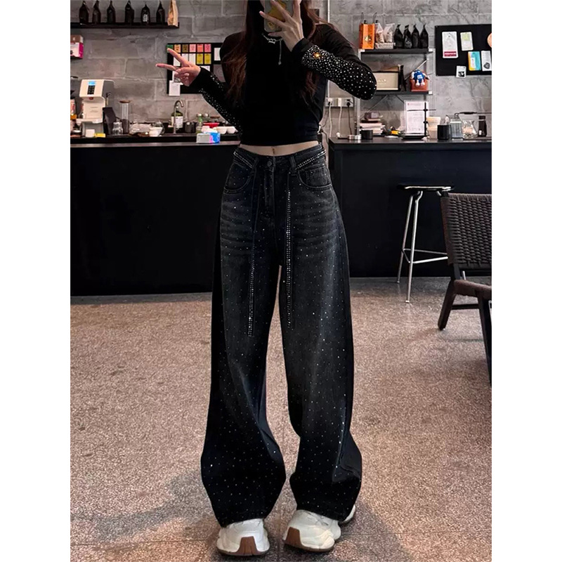 Jeans Hot Diamond con lacci di grandi dimensioni per donna 2025, nuovi pantaloni lunghi eleganti e dritti a gamba larga per ragazze grasse di grandi dimensioni_voghion.com