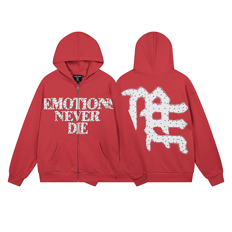 Other Zip-up Hoodie Jacket Rhinestone Emotions Never Die Red