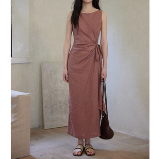 Er Yang Design Le Wei 100 Linen Round Neck Sleeveless Dress Women's Tie Waist Commuting Easiest for Match Skirt
