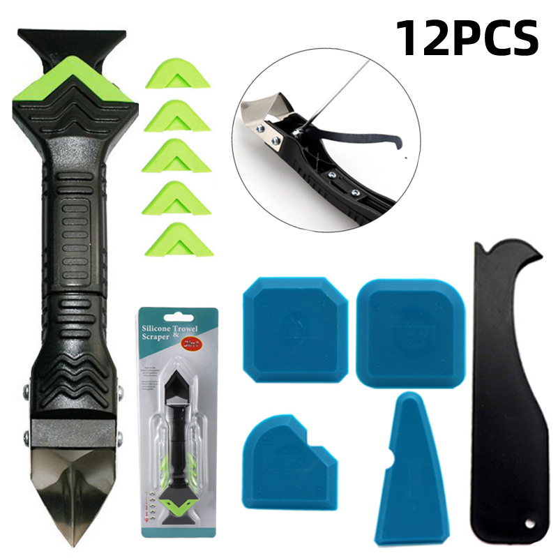 跨境12件套吸塑5合一勾刀金属头刮板密封胶工具刮胶器玻璃胶刮板