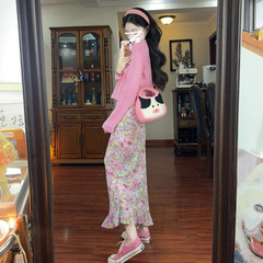 2025 新フレンチスイート気質ピンク花サスペンダードレス婦人服ロングスカートスーツ 2025 早春