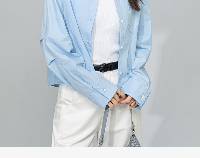 Áo sơ mi polo dài tay nữ kiểu Pháp chất cotton thụng, dáng ngắn mặc ngoài cardigan — Xanh nước muối chi tiết 2