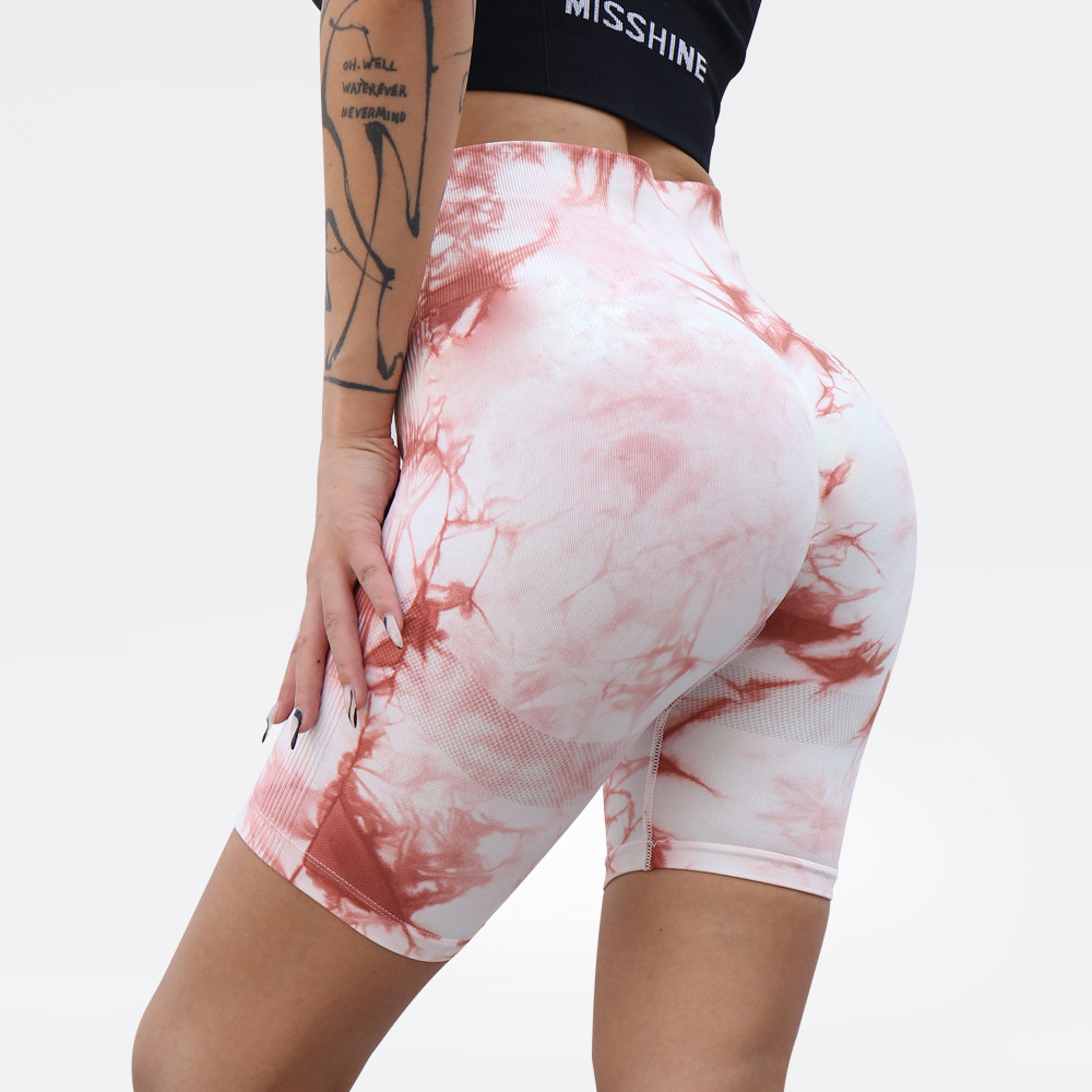 En stock sin costuras Peach Hip tie-dye pantalones cortos de yoga cintura alta slim fit Pantalones deportivos estiramiento transpirable pantalones cortos de fitness