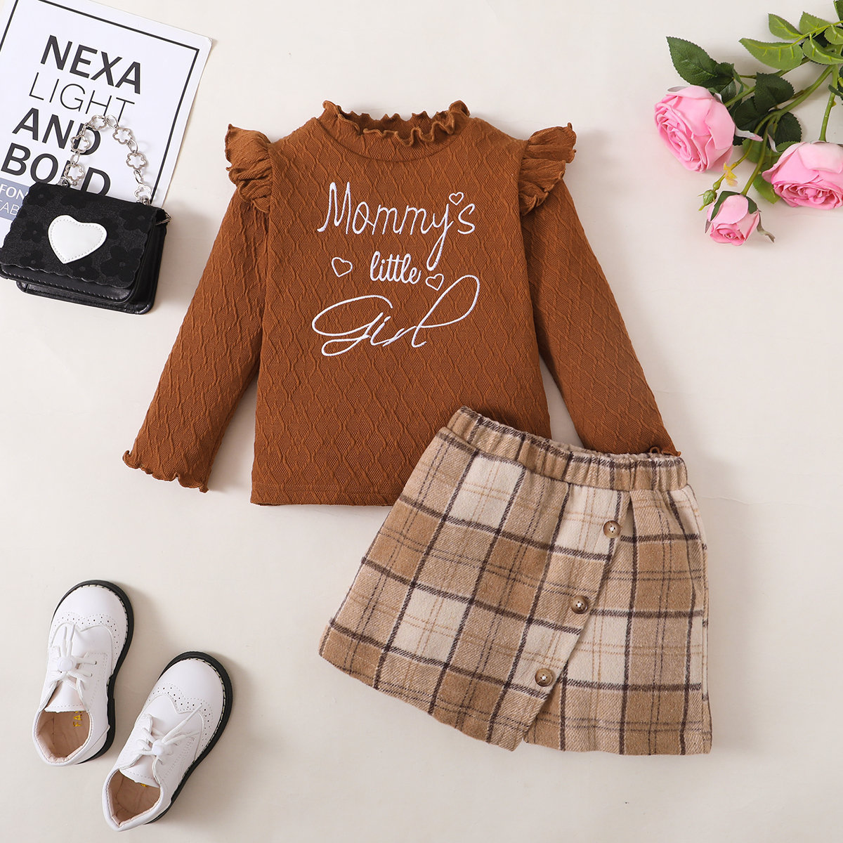 Conjunto de blusa y vestido para niñas, otoño-invierno, letras sólidas y cuadros