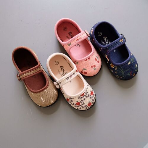  Autumn Corduroy Floral Canvas Shoes Girls Kindergarten Square Mouth Indoor Shoes Soft Sole Anti-Slip 1-8 Years Old