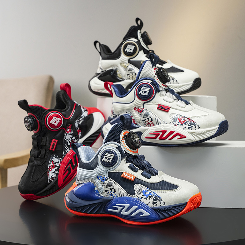 Fábrica de botones de cuero zapatos de baloncesto antideslizantes para niños zapatos de papá al aire libre con suela gruesa transpirable zapatos de carrera