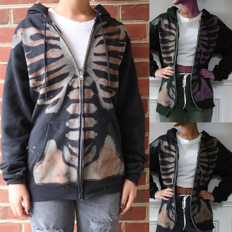 Women's Sweater Coat Autumn and Winter New Halloween Skull Long Sleeve Hoodie Zipper Cardigan Jacket SU2558