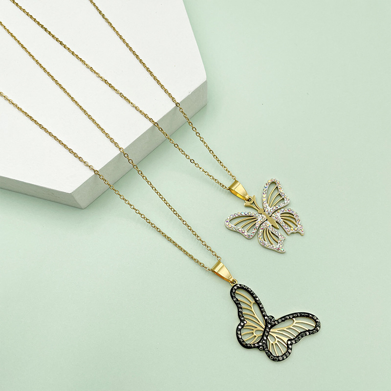 Fashion Butterfly Stainless Steel Titanium Steel Plating Zircon Pendant Necklace 1 Piece
