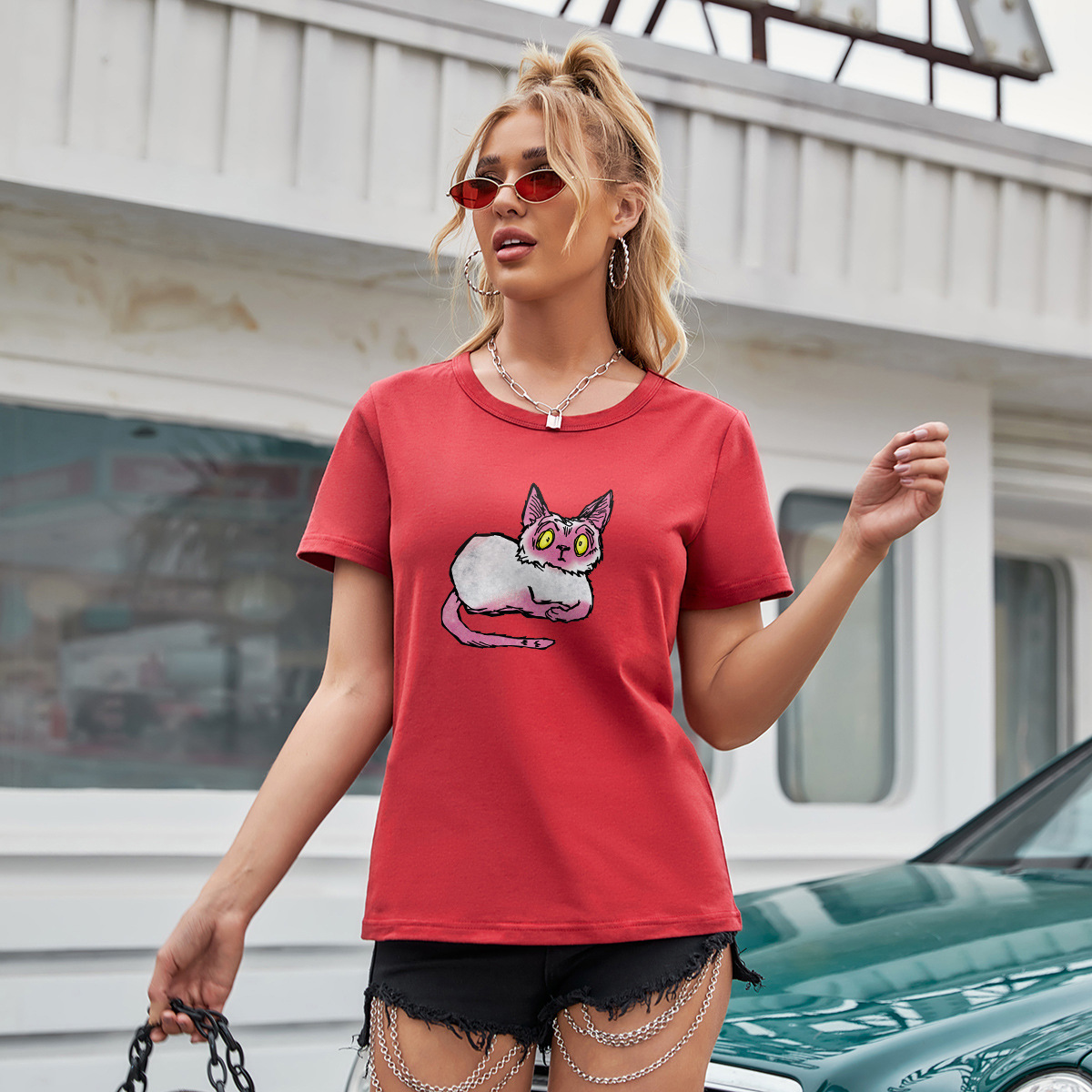 Camiseta de manga corta con estampado de gato lindo de dos colores para mujer, ropa de nihaostyles al por mayor NSGMX77858