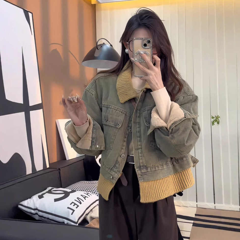 미국 레트로 게으른 스타일 명암 옷깃 데님 코트 여성 가을 겨울 기모 새로운 캐주얼 기모 직접 판매