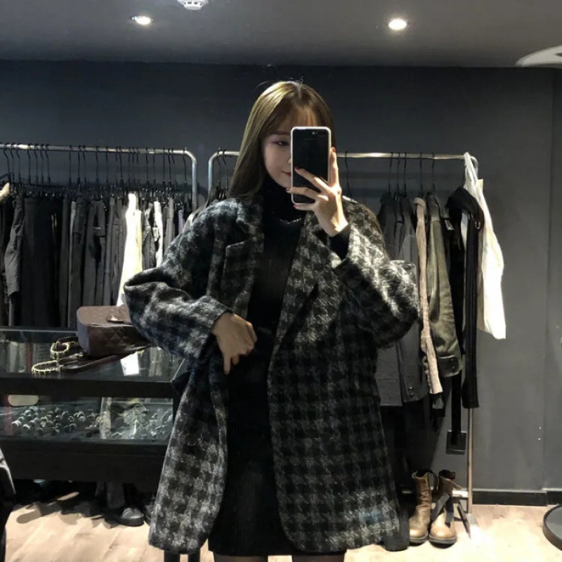 千鸟格子毛呢外套女秋冬季2025新款韩版宽松休闲加厚中长款大衣女|undefined