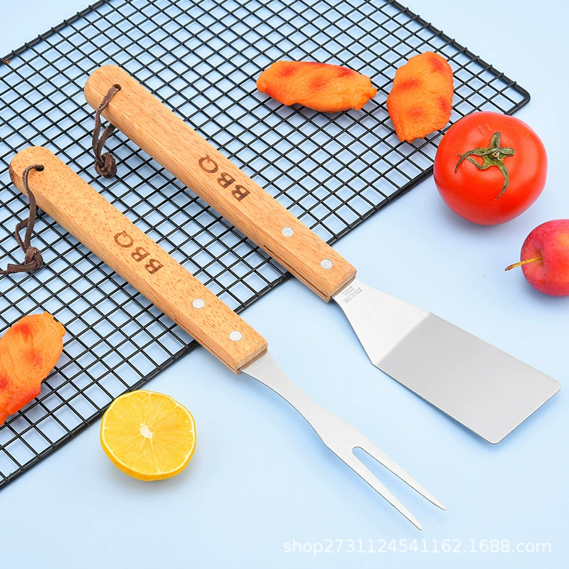 Кросс-борт Stainless steel outdoor BBQ барбекю деревянная ручка набор из трех предметов лопатка- лопатка, вилка для гриля, крепление для пищи, набор для гриля