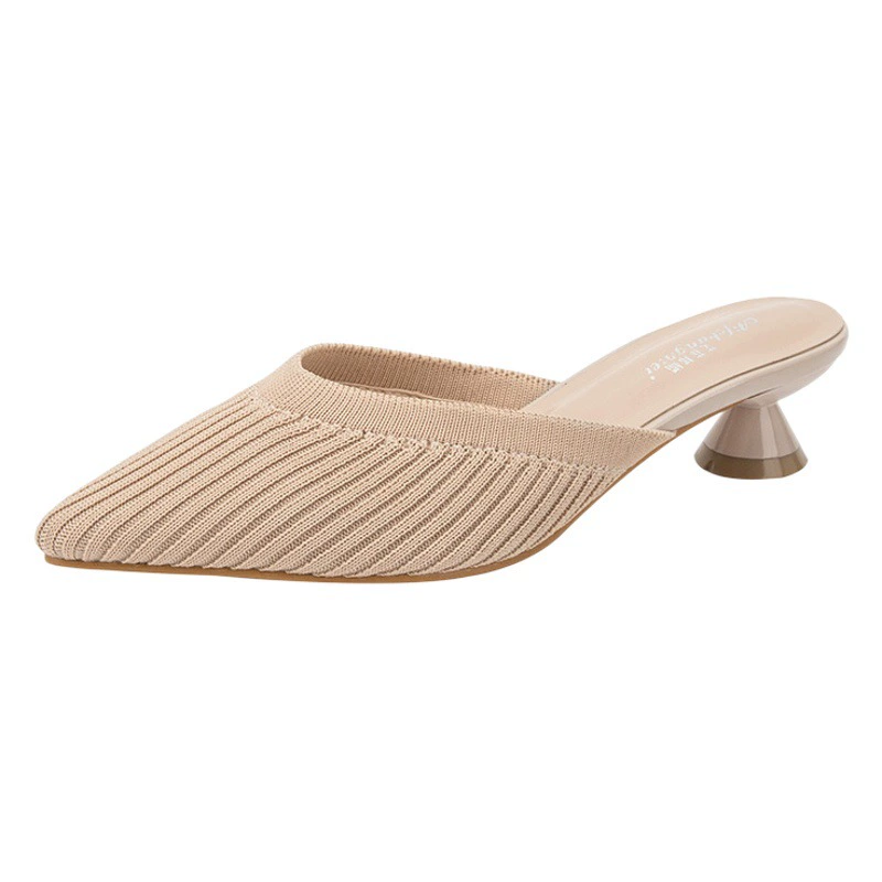 Вязаные туфли-мюли с острым носком на высоком каблуке для женщин, весна 2024, универсальные повседневные полутуфли на низком массивном каблуке, закрытый носок, средний каблук.