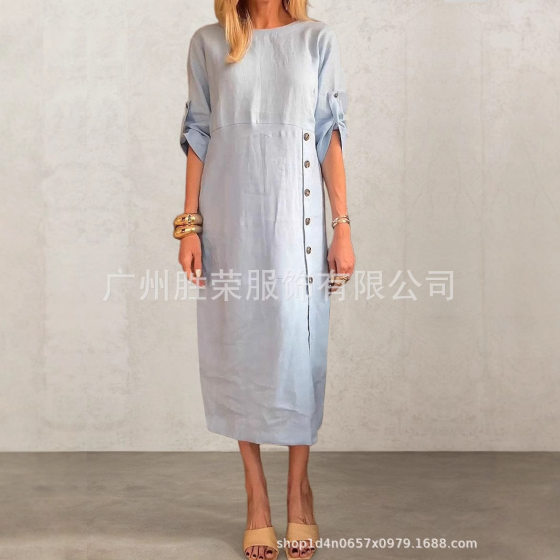 2025 new casual retro solid color round neck short sleeve button split long dress cross-border Amazon