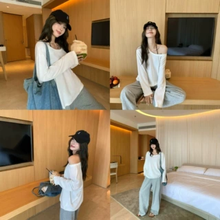 pusumede 轻盈雪花棉 大圆领长袖t恤女宽松休闲针织防晒衫上衣