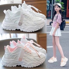 女の子用スポーツシューズ、通気性メッシュ素材のダッドシューズ、2025年新作、多用途、男の子用白スニーカー、小学生用カジュアルメッシュシューズ