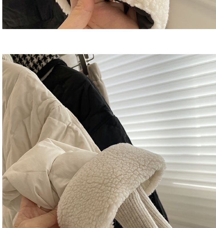 Collarless lamb wool splicing light and thin winter Korean version loose small fragrant dia plaid warm cotton jacket_voghion.com