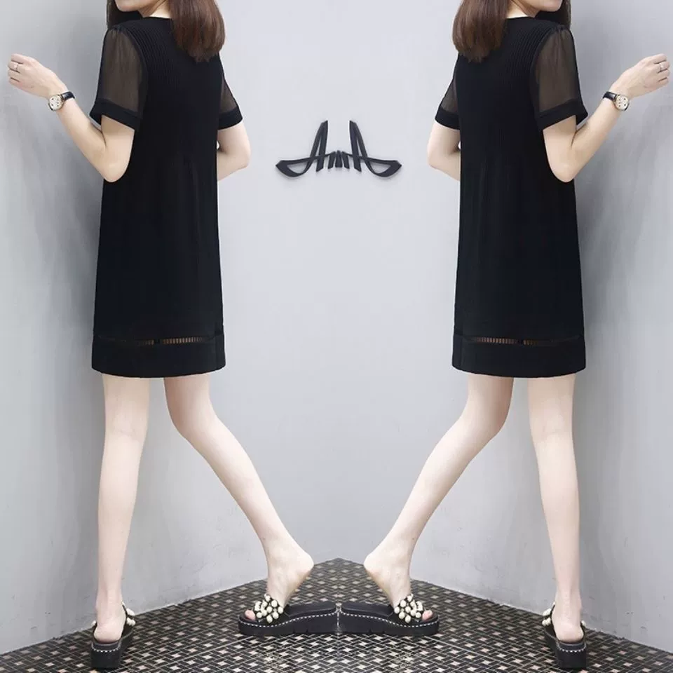 Женское летнее маленькое черное платье больших размеров 2025, женственная простая юбка-труба, женское тонкое платье средней длины с короткими рукавами