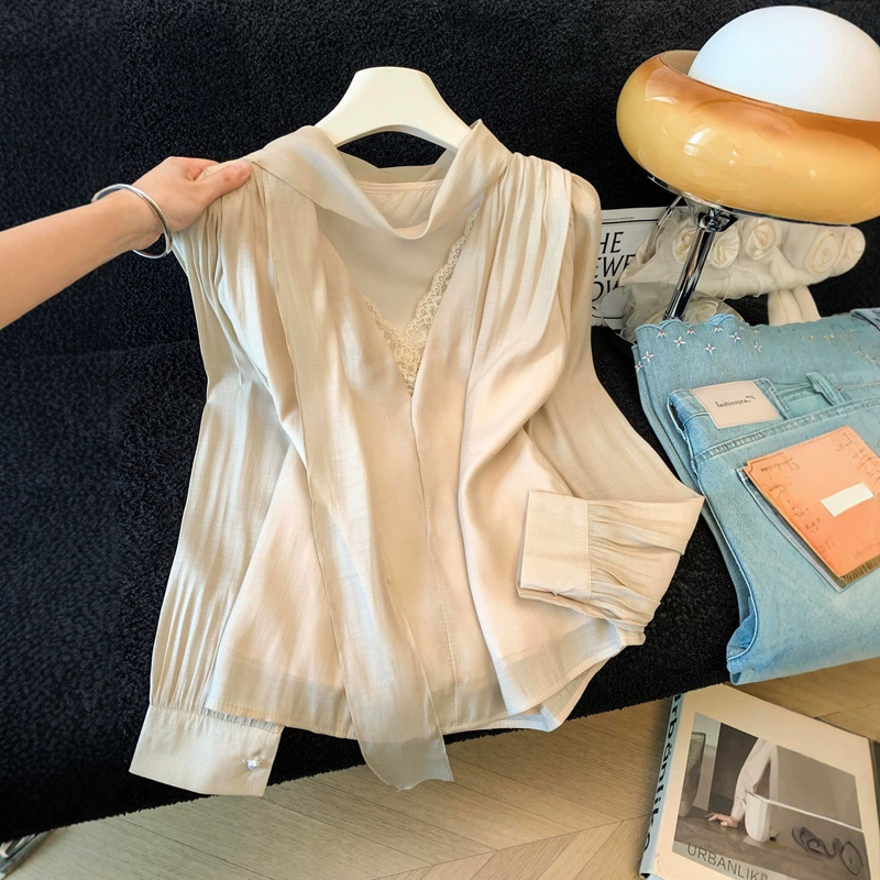 2026 Autumn New French Gentle Style Apricot Short Shirt with Fluttering Collar and Lace Trim for Women 2026 Autumn New French Gentle Style Apricot Short Shirt with Fluttering Collar and Lace Trim for Women