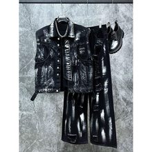 型男潮男/新款小众美式做旧复古牛仔马甲套装潮牌帅气破洞设计感