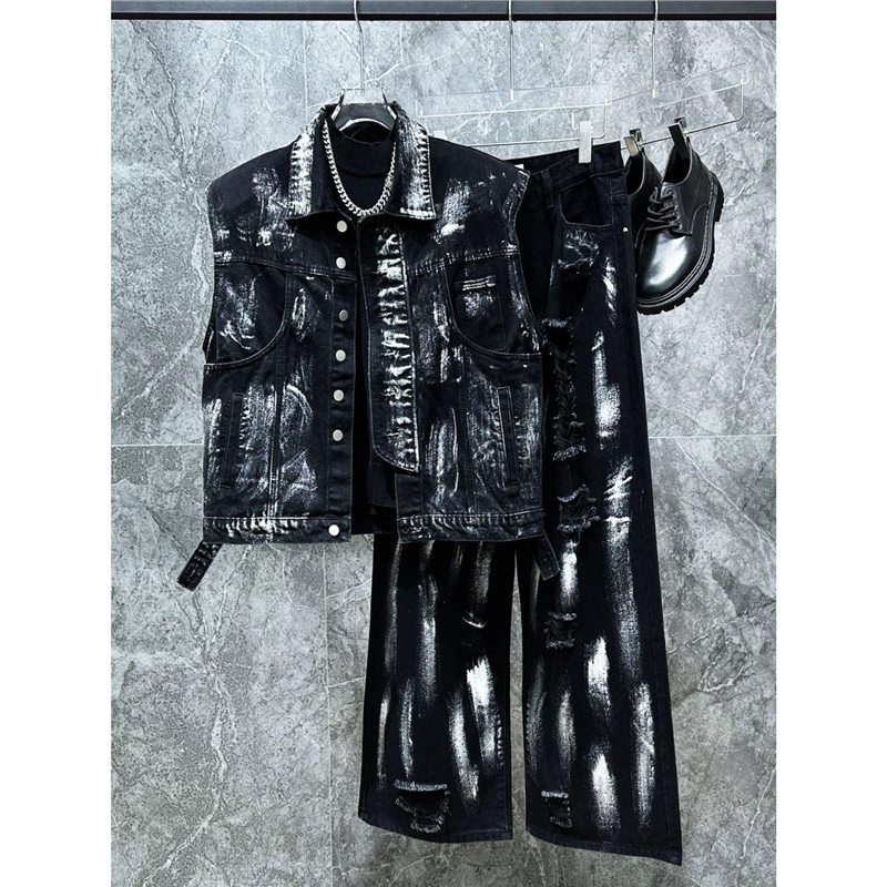 型男潮男/新款小众美式做旧复古牛仔马甲套装潮牌帅气破洞设计感