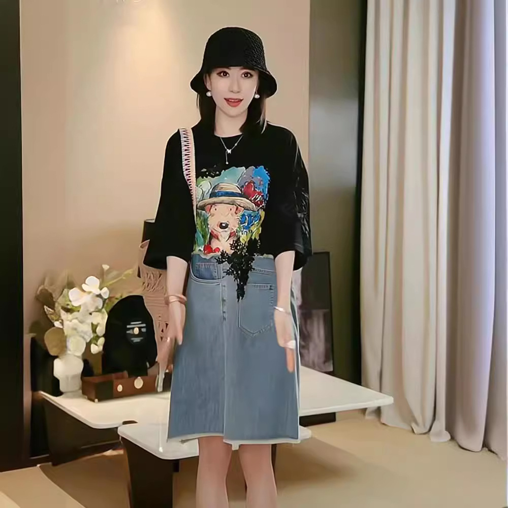欧洲站卡通印花牛仔拼接韩版连衣裙女2025夏季宽松大码短袖t恤裙