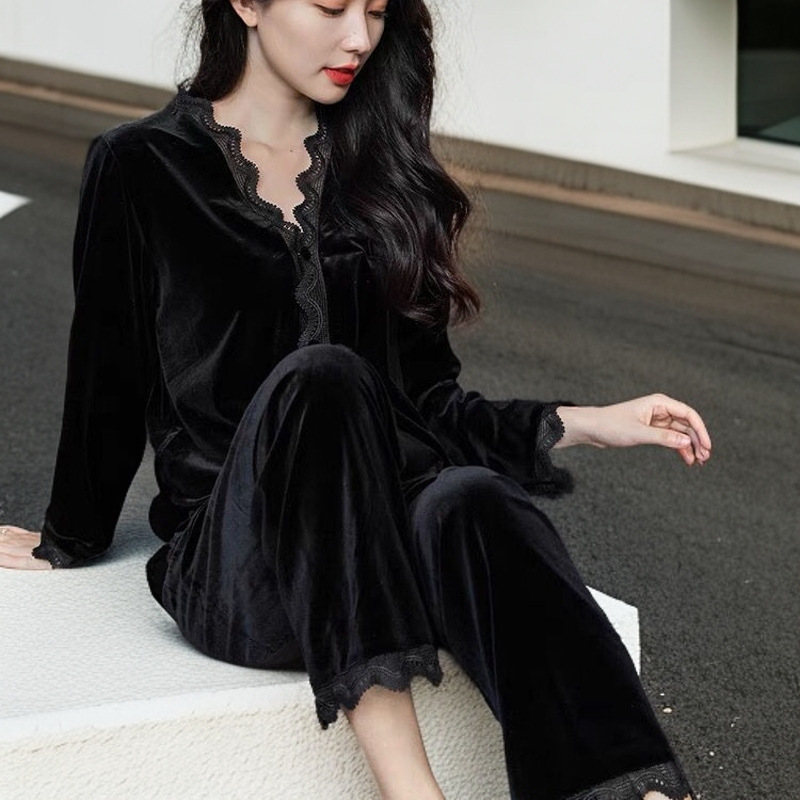 Pajamas Spring Autumn Winter Gold Velvet 2025 New Ladies Lace Cardigan Style Suit Korean Style Home Clothes Pajamas Spring Autumn Winter Gold Velvet 2025 New Ladies Lace Cardigan Style Suit Korean Style Home Clothes