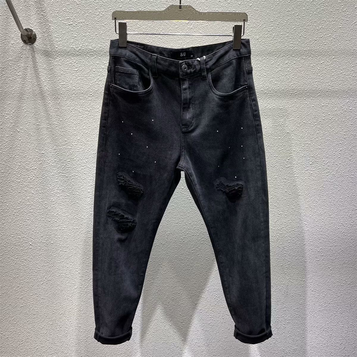 Casual Scratched American High Street Style Loose Wide-Leg Pants For Women Men, Autumn Black And Gray Trendy_mkmklike.com