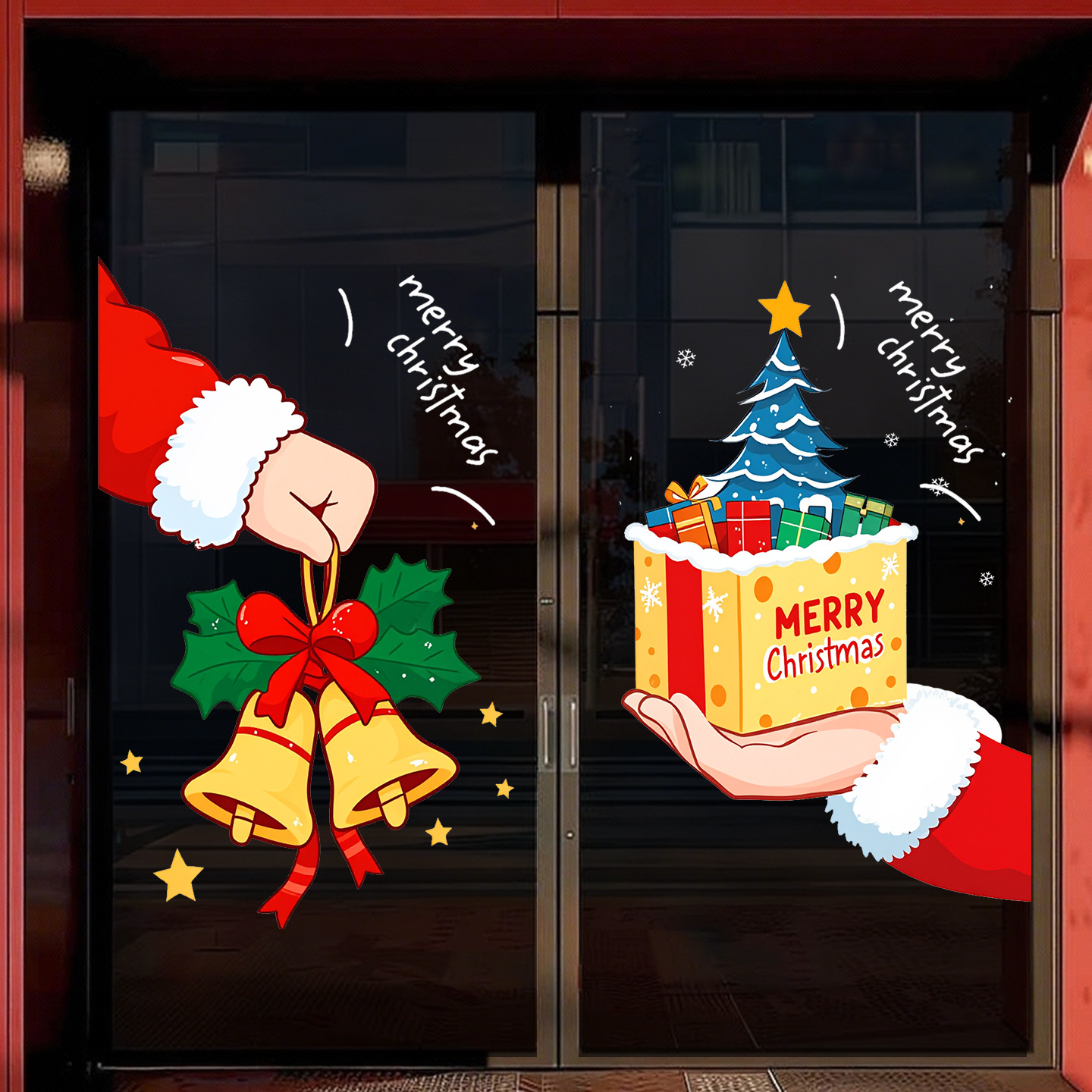 圣诞节卡通可爱铃铛礼物盒墙贴店铺玻璃门窗装饰贴纸节日布置橱窗