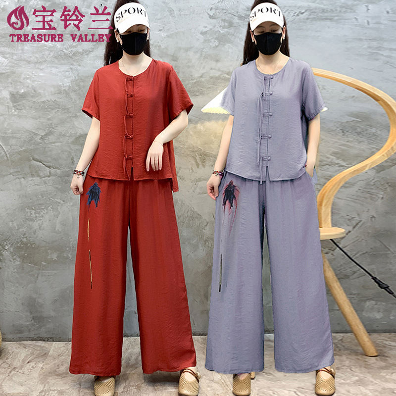 Mother's Summer Two-Piece Short-Sleeved Cropped Wide-Leg Pants for Middle-Aged Women Summer Morning Exercise Casual Large Size Suit