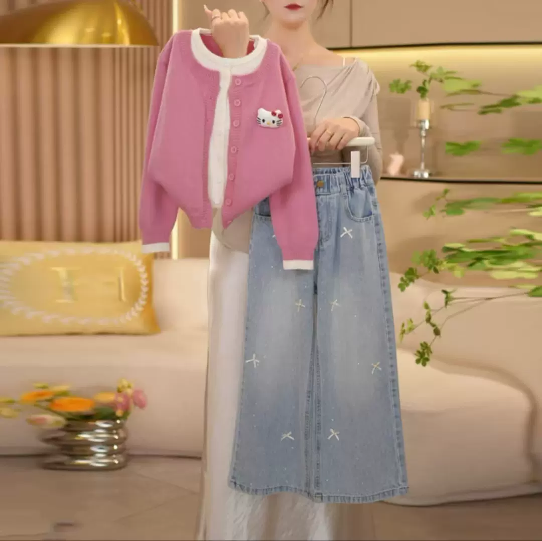 女童春季套装韩系2025新款儿童甜美假两件毛衣烫钻牛仔裤两件套潮