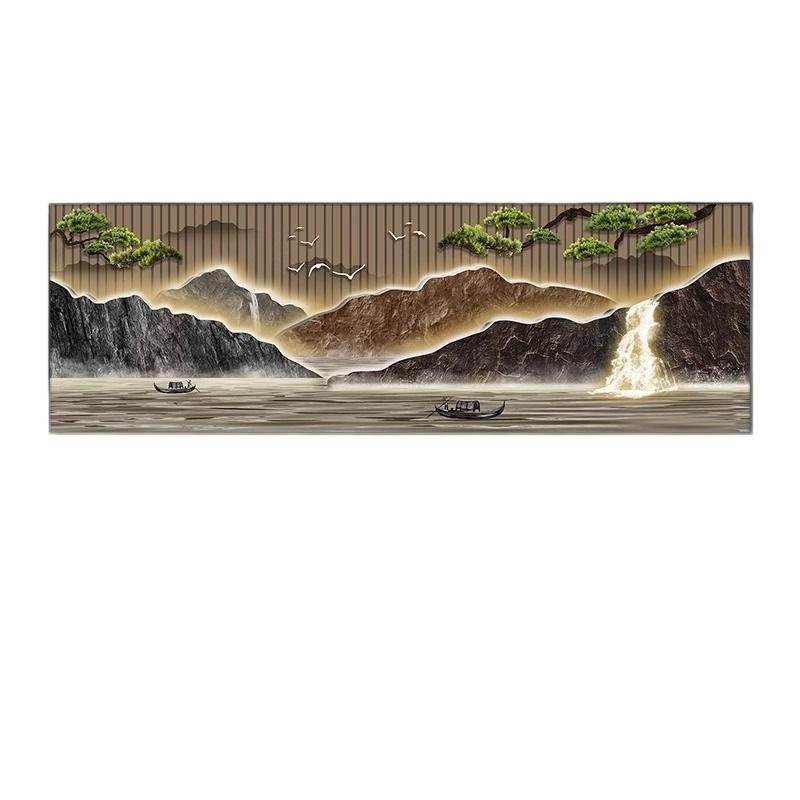 流水生財客間装飾画新中国式ソファー背景壁掛け画迎客松禅意茶室山水壁画|undefined