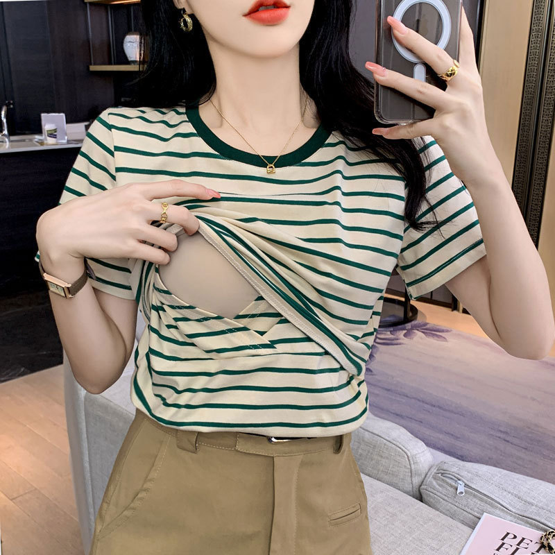 Real shot spot striped nursing T-shirt summer postpartum hot mom confinement soft nursing top base shirt