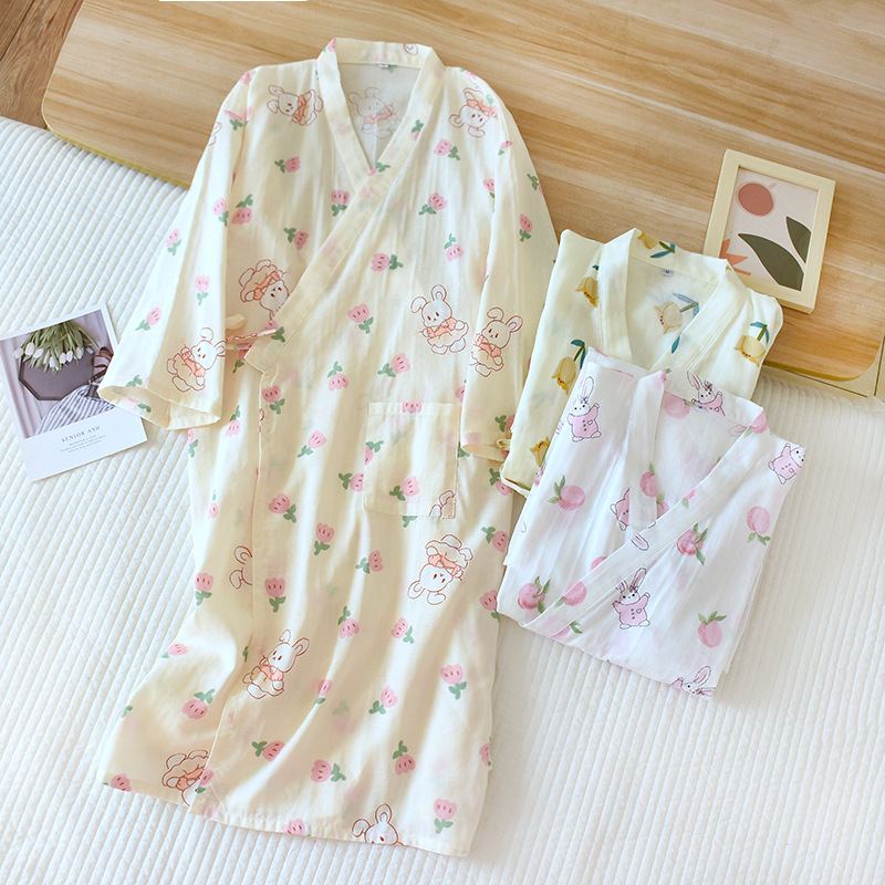 Summer robe for women, pure cotton gauze nightgown, Japanese style kimono-like sleep dress, home wear, thin, breathable, bath robe, steam room wear